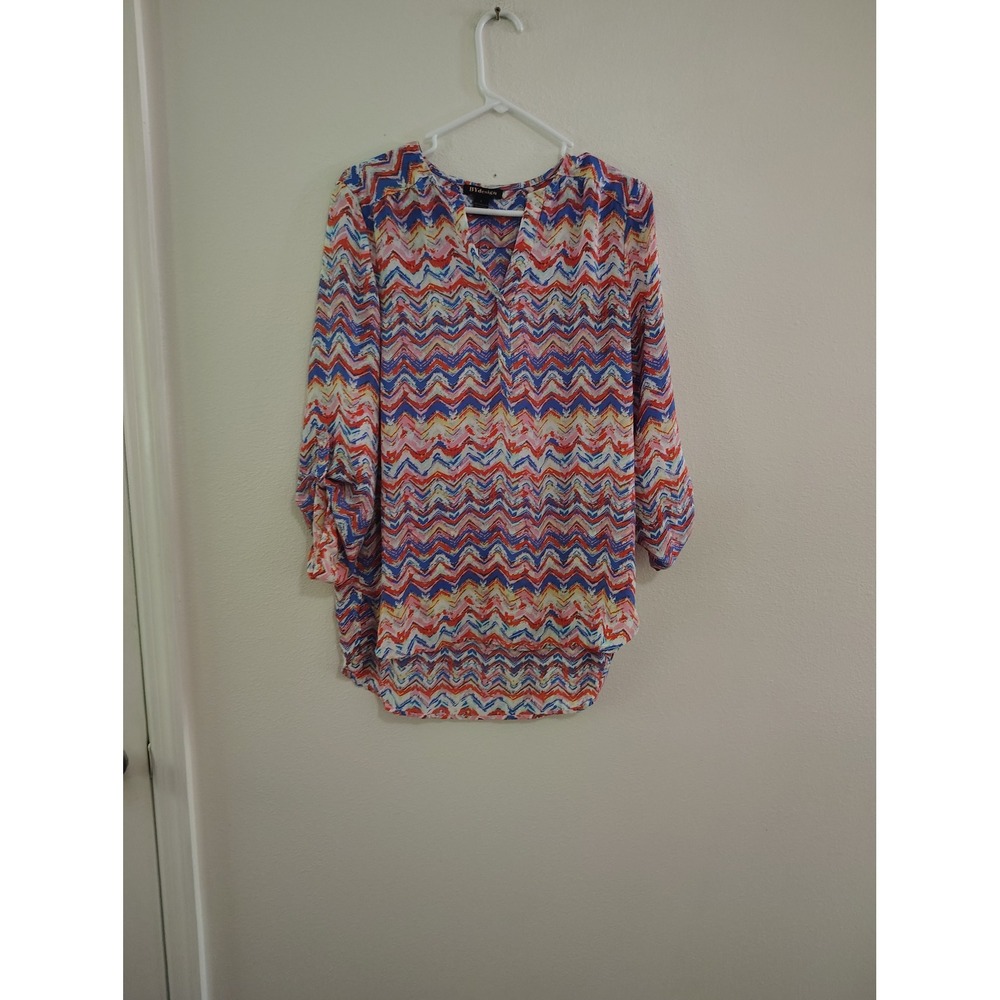 BYdesign Women Large Blue Orange Chevron Zigzag 3/4 Sleeve V-Neck Blouse Tunic